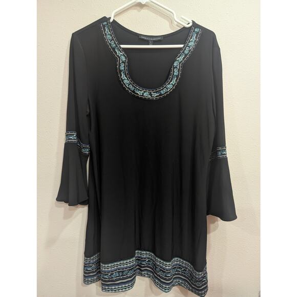 Black tunic style peasant top w/bell sleeves & teal ribbon trim size Large - Picture 3 of 11